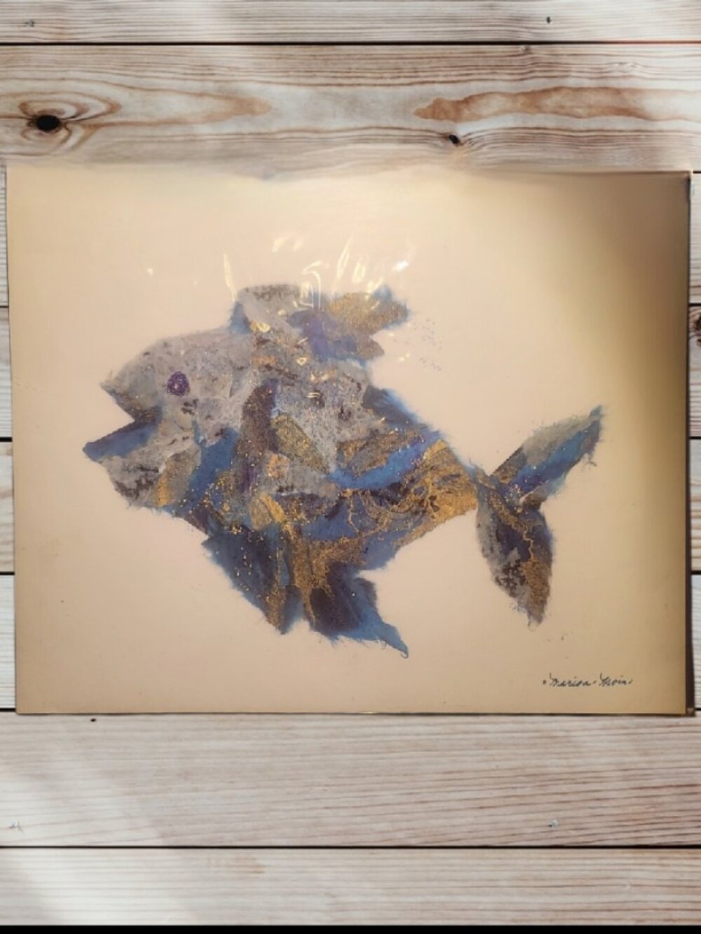 BLUE FISH - Print by MARION MOIR - 8. x 11 Inches - Blues & Golds